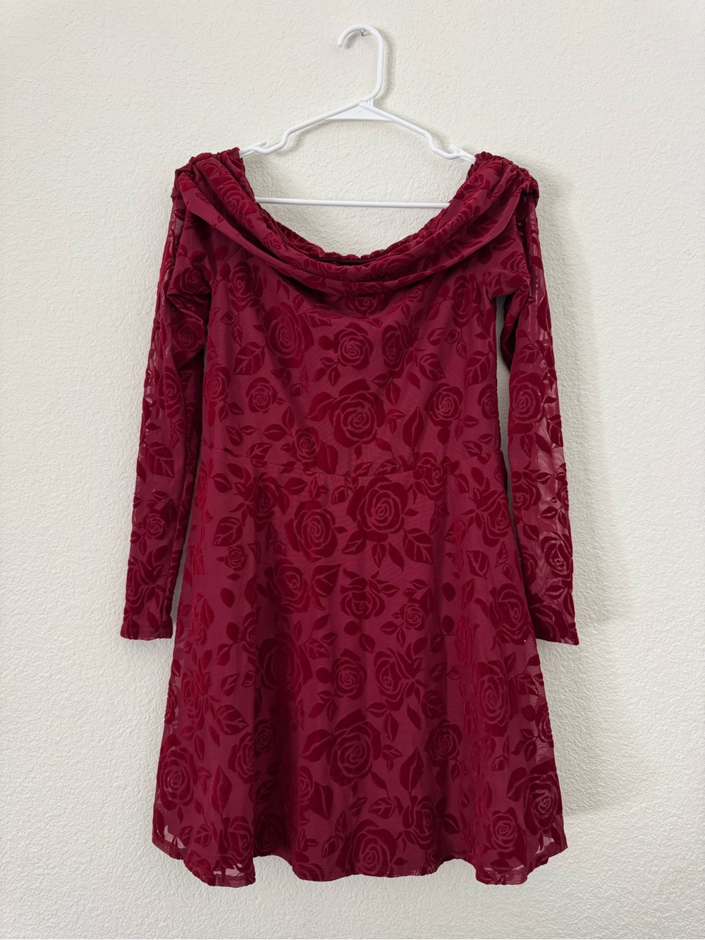 NWT Wild Fable Burgundy Flocked Rose Mesh Off Shoulder Mini Dress